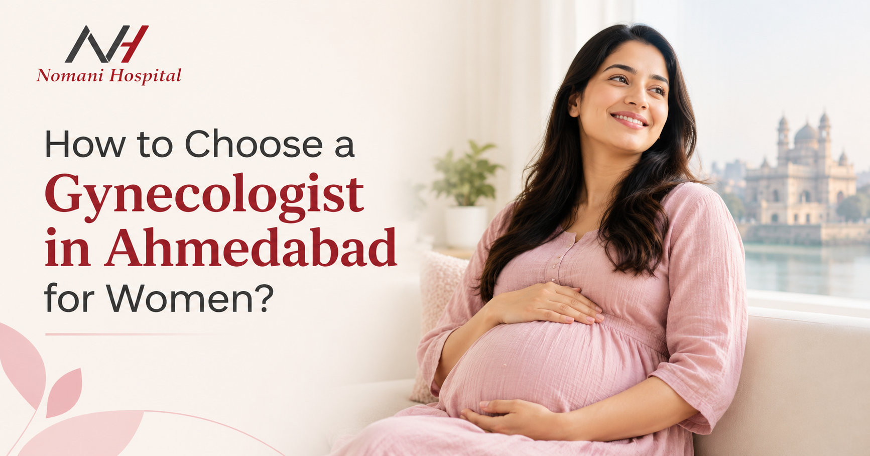 Happy pregnant woman in pink maternity wear with Nomani Hospital .